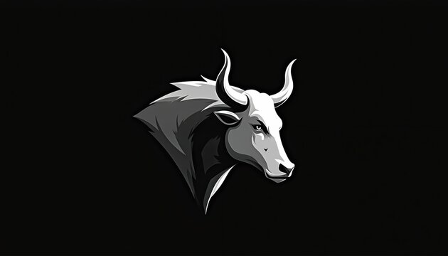 Minimalist bull head emblem profile graphic, black, white illustration. Powerful animal symbol suitable for logos, sports teams, finance, with clean modern aesthetic, conveying strength,