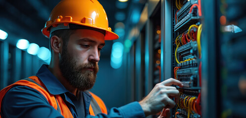 Electrician works inside server room. Man in uniform repairs server power panel with wires and cables. Technician in orange helmet fixes tech equipment for data center.