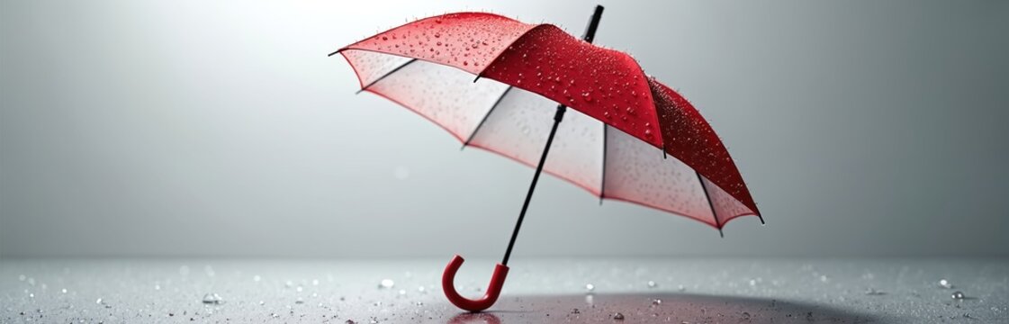 Stylish red and white umbrella with raindrops. Illustration represents protection from weather. Ideal for insurance promotion outdoor events seasonal advertising design concepts.