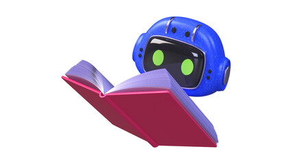 A blue robot head with glowing green eyes reading a book.