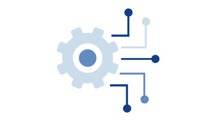 Blue technology gear icon with digital connection points.