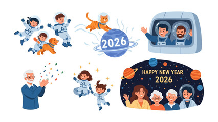 Astronauts on New Year in Space: Animated scenes depict a futuristic New Year celebration with astronauts, a cat, and family members amid celestial and space elements.