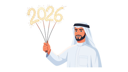 Future Vision: A man in traditional attire illuminates the upcoming year with radiant sparklers, the digits 2026 shining brightly, conveying optimism and anticipation.