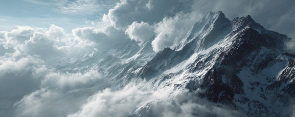 Snow mountain alpine peak dramatic cloud rugged ridge winter landscape icy summit moody sky atmospheric light remote wilderness cold climate thrill