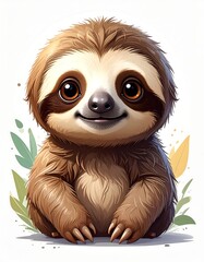 Obraz premium A cute, cartoonish sloth with big brown eyes and a gentle smile sits against a white background with green and yellow leaf accents