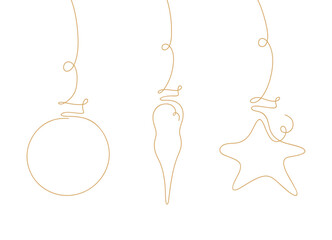 Hand-drawn single continuous line hanging, Christmas tree toys, vector illustration. Festive New Year's gold elements for design, postcards, posters, banners, decorations