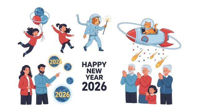 New Year's Adventures 2026: A collection of cheerful and futuristic illustrations celebrates the arrival of 2026 with a series of whimsical scenes and imagery.