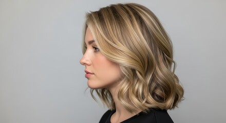 Obraz premium Profile view of young caucasian female with blonde bob hairstyle