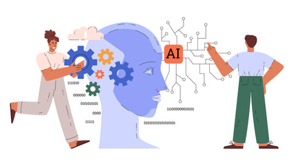 People building and interacting with artificial intelligence technology concept.