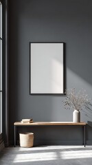 Large rectangular frame mockup on black painted wall with floor shadows