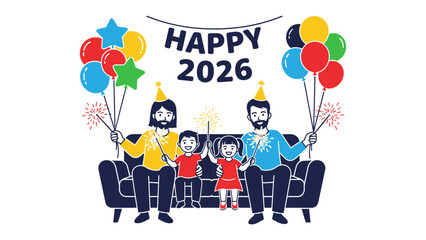 Family New Year Celebration: A happy family celebrates New Year 2026, holding balloons and sparklers while sitting on a comfortable sofa with the Happy 2026 banner above.