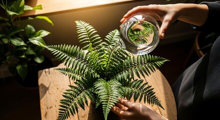 Refreshing fern with water from glass carafe in bright sunlit room, creating a peaceful and calming atmosphere, perfect for home decor or wellness content.
