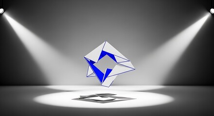 Dynamic 3D crystal structure illuminated by dramatic spotlights showcases modern design and innovation with abstract elegance for striking visuals