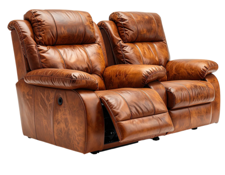 Leather loveseat recliner with footrests, cup holders