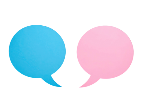Speech bubbles; one pink, one blue, on black background