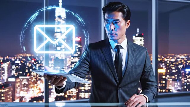 A man in a suit looks at a digital email hovering over a tablet, cityscape in background
