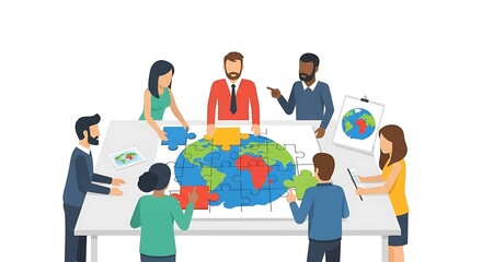 Diverse team collaborating on global strategy with world map puzzle, fostering innovation and partnership for worldwide success in modern office space