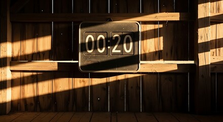 Time is ticking with a flip clock showing 00:20 in a rustic barn setting, highlighting the beauty of slow moments and the charm of vintage technology