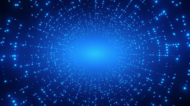 Abstract blue digital light tunnel background, glowing particles. Represents data flow, network connections, futuristic technology, cyber space, big data. Ideal tech, AI, internet, science themes.