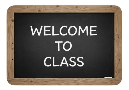 A classic wooden framed blackboard displays the welcoming message welcome to class in white chalk letters isolated on transparent background