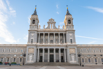Facade of Almudena Cathedral, is a Catholic cathedral in Madrid, Spain