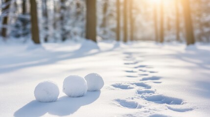Sunlit Winter Forest Path with Snowballs and Footprints in Fresh Snow