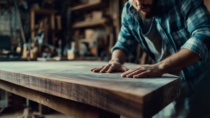 Craftsman's Touch: A carpenter meticulously works on a wooden table. Capturing the essence of craftsmanship and skilled labor.