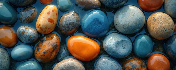 Close up photo shows an assortment of colorful polished stones in clear water. Smooth pebbles in shades of orange brown blue gray are submerged. Stones are wet reflecting light