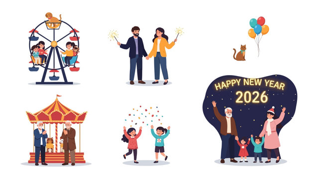 New Year's Celebration: A collection of illustrations depicting joyful scenes of celebration, family gatherings, and festive elements, capturing the spirit of the new year.