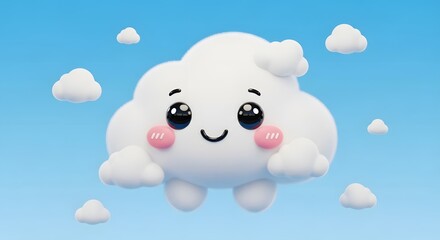 Fluffy 3D cartoon cloud character with big eyes and rosy cheeks floating in a blue sky. Sweet dreams, happy weather, and children's themes. Adorable shape looking cheerful and gentle