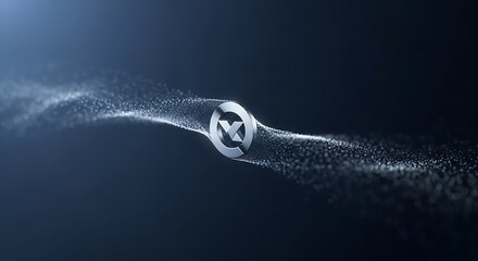 Stunning silver logo emblem flowing with dynamic particles on modern dark backdrop for a sleek, futuristic brand identity - perfect for tech startups