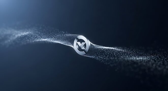 Stunning silver logo emblem flowing with dynamic particles on modern dark backdrop for a sleek, futuristic brand identity - perfect for tech startups