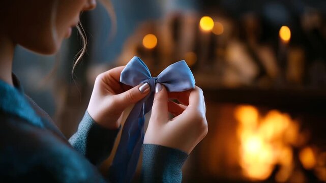 Faceless cozy moment &mdash; hands adjusting a small bow on a dress, blurred background of firelight and wooden textures, with copy space.