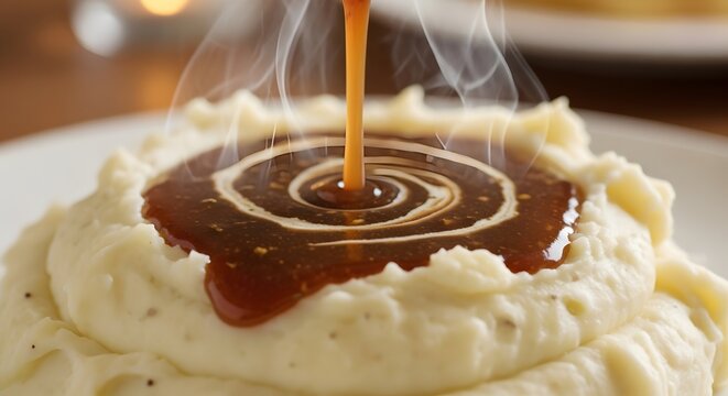 A close-up of hot, steaming brown gravy being poured onto creamy mashed potatoes