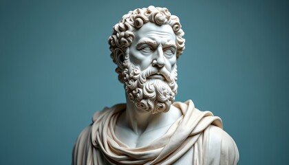 Bust of Socrates a famous ancient Greek philosopher. Marble sculpture shows bearded man in toga. Thinker statue exhibits intellect wisdom contemplation.