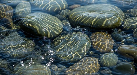 Sparkling sunlight dances on smooth river stones underwater creating a serene, calming scene perfect for mindfulness and nature-inspired projects