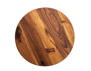 Circular wood board; grain pattern, knots, overhead view