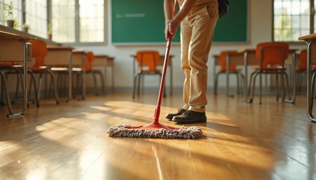 Janitor cleans classroom floor with mop. Warm sunlight streams through large windows, illuminating tidy wooden surface. Empty student desks, chairs neatly arranged in rows. School worker prepares