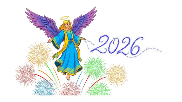Heavenly New Year: An angel gracefully soars amidst vibrant fireworks, ushering in the hopeful promise of the year 2026.