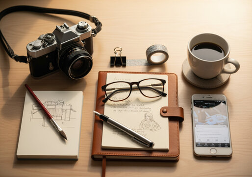Vintage camera notebook coffee workspace setup