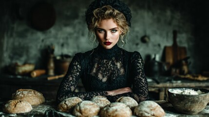 Female baker with fresh baked bread. Bakery. Bake. 