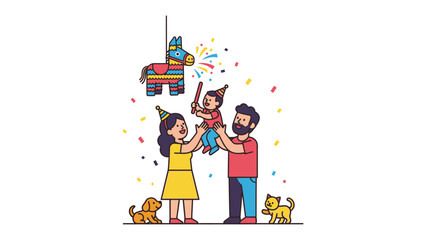 Family Fiesta Celebration: A family joyfully celebrates with a piñata at a festive party, showering their child with love and confetti in a scene of pure happiness.