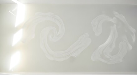 Dreamy abstract swirls of white paint dance on the wall in a bright, modern space bathed in soft, ethereal light, perfect for creative projects