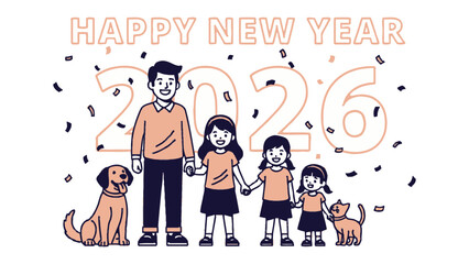 Family Togetherness in New Year's: A heartwarming family illustration, including a father, daughters, and their pets, celebrate the start of the year 2026 amid falling confetti, embodying joy, unity.