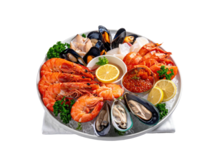 Seafood platter prawns, mussels, lobster, scallops, lemon
