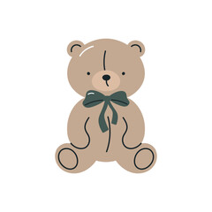 Сute teddy bear with bow. Isolated on white background. Christmas design. Childish Christmas print. For card, posters, stickers, banners, printing on the pack, printing on clothes, fabric, wallpaper.