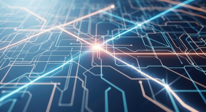 Digital Network: A luminous network of interconnected circuits pulsates with electric energy, representing the intricate flow of data in a digital age.
