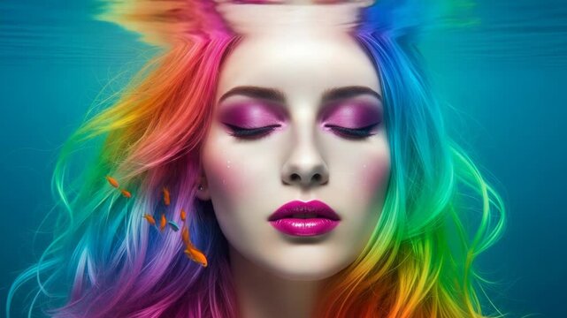 Woman with rainbow hair underwater surrounded by small fish