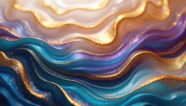 Fluid liquid design with swirling gold, blue hues creates luxurious abstract background. Metallic waves flow across surface in rich color palette. Pattern suitable for wallpaper digital art.