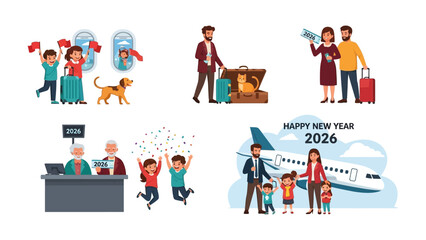 Family Travel Adventures: A collection of illustrations depict families embarking on exciting journeys, with suitcases in tow and passports ready for adventure, all under the banner of the new year.